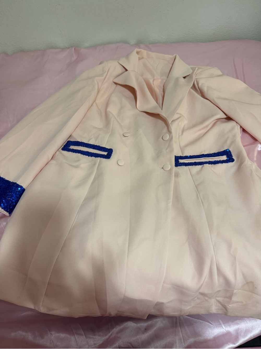 Women’s Light Pink Double-Breasted Coat with Blue Trim